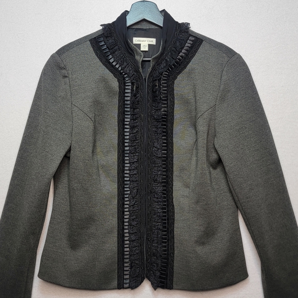 Coldwater Creek Jacket‎ with a Black Lace and Ruffle Trim SIZE 14